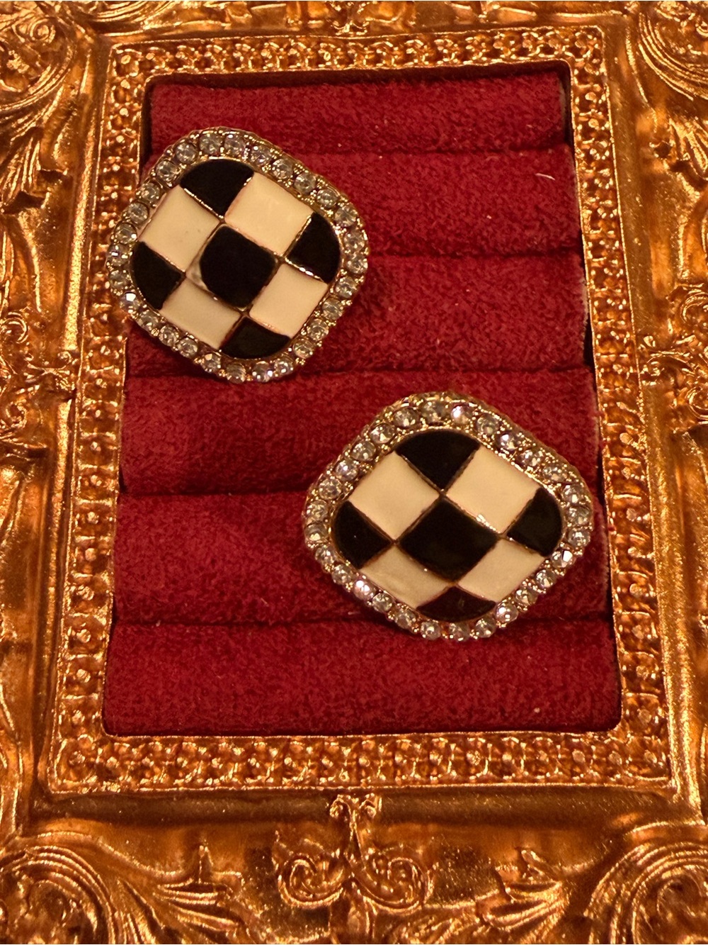 Black and White Checkerboard Gingham Crystal-Edge Stud Earrings